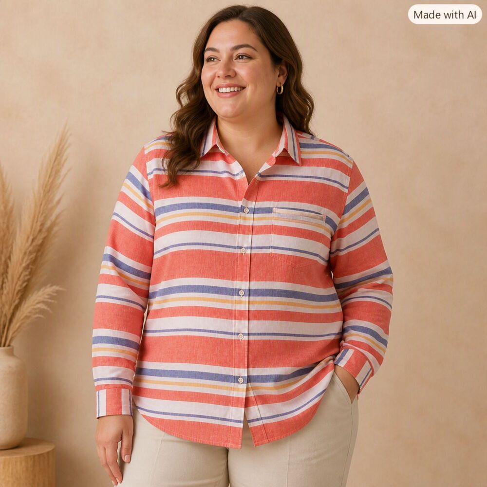Stylus Coral & White Striped Button‑Down Shirt – Roll‑Tab Sleeves, Size M, EUC